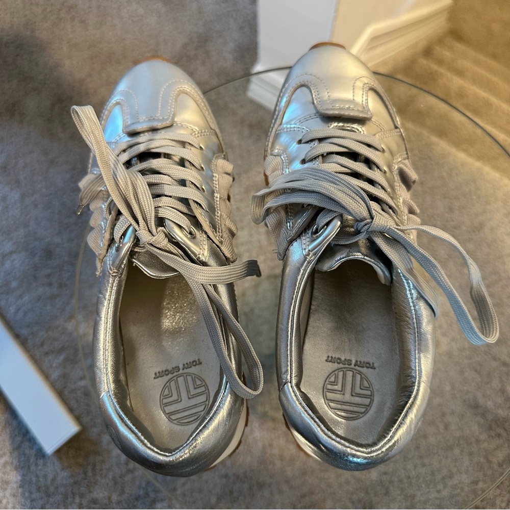 Tory Burch Sport Women's Ruffle Trainer Leather Lace Up Sneakers in Silver - Picture 8 of 12